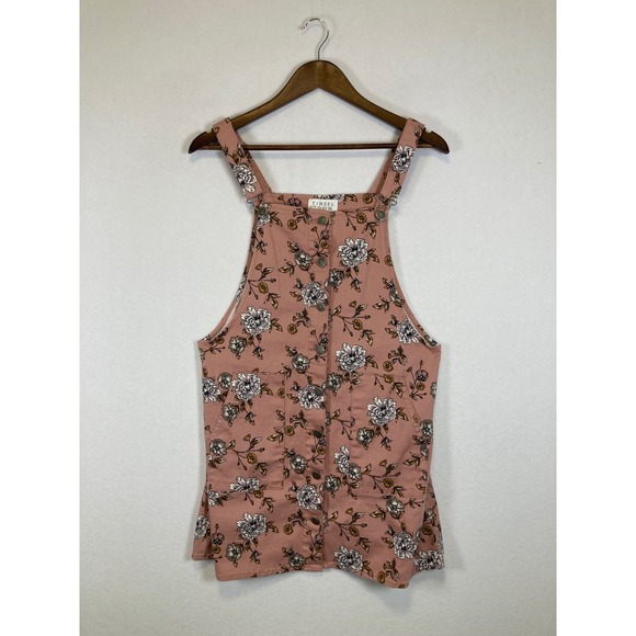 Tinsel Town Tops - Whimsical Cottagecore Floral Pinafore Overalls Top Women Large Pink Button Front